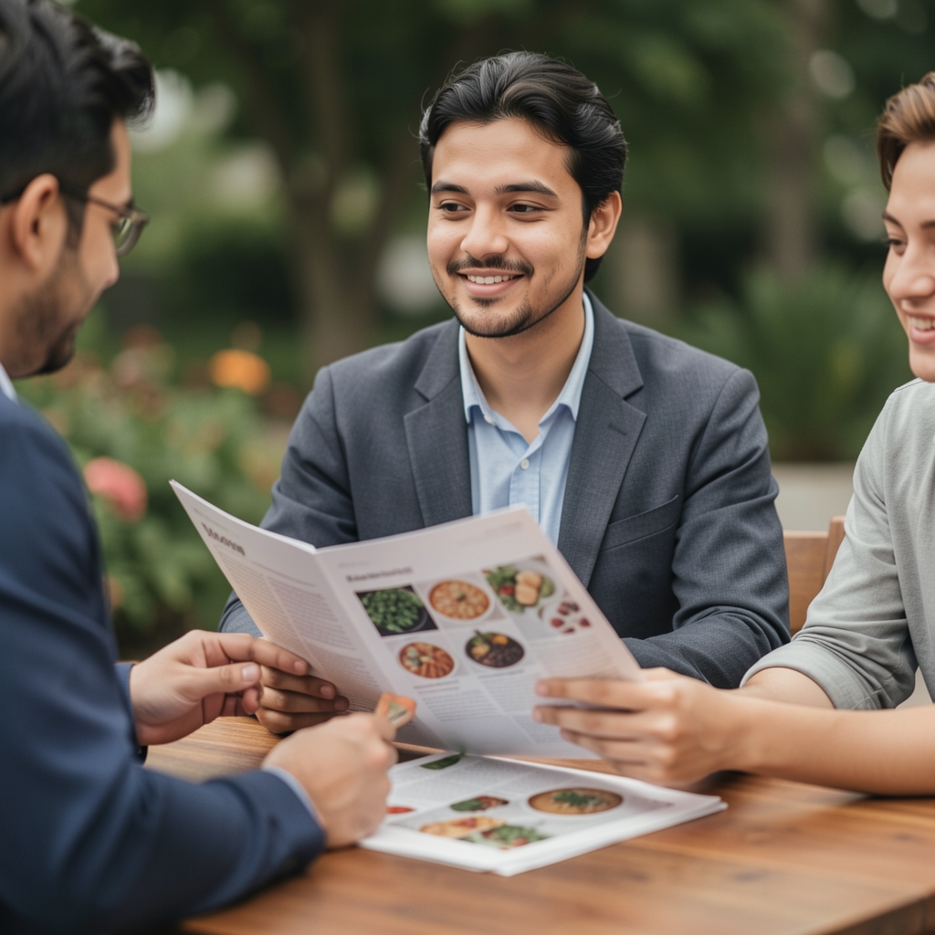Small editorial team discussing a printed nutrition article around a wooden table