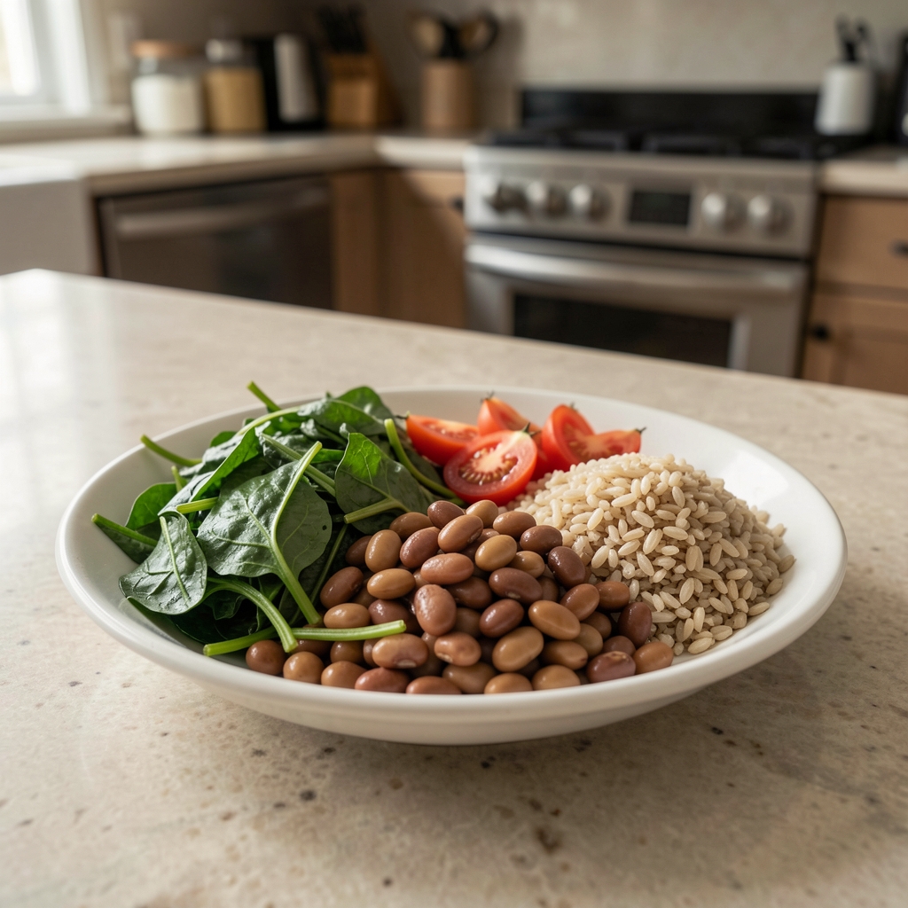 Balanced meal of beans, leafy greens, tomatoes and whole grains prepared on a kitchen counter