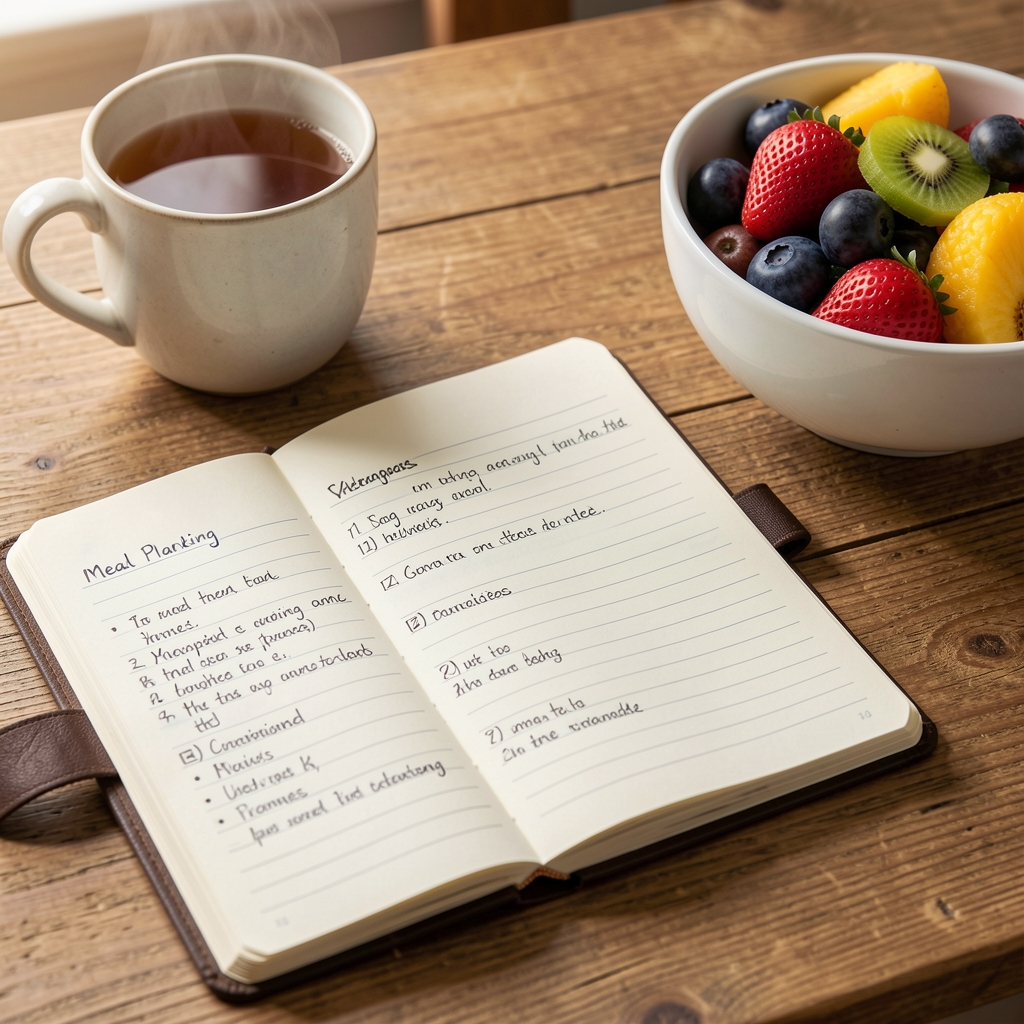 Notebook with handwritten meal planning notes, a cup of tea and a bowl of fruit on a table