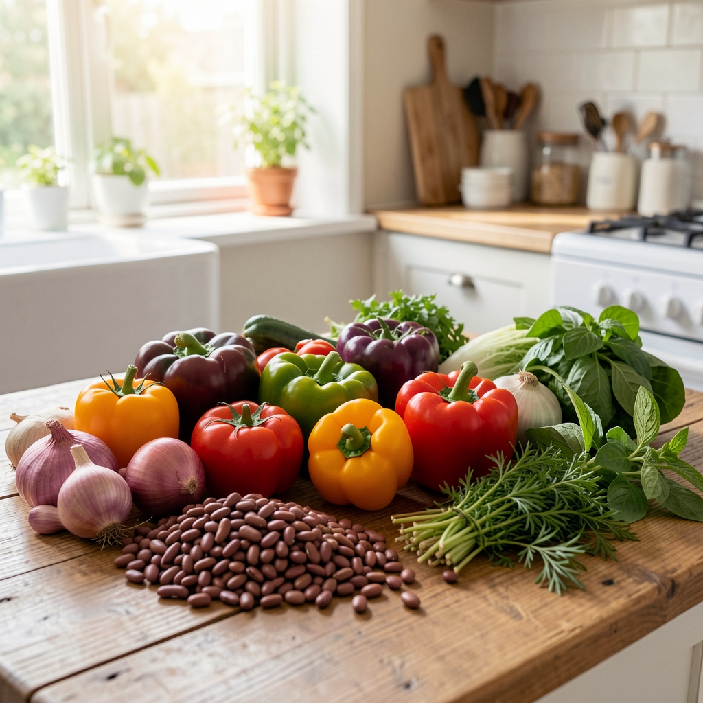 Colourful vegetables, beans and herbs arranged on a kitchen table in natural daylight