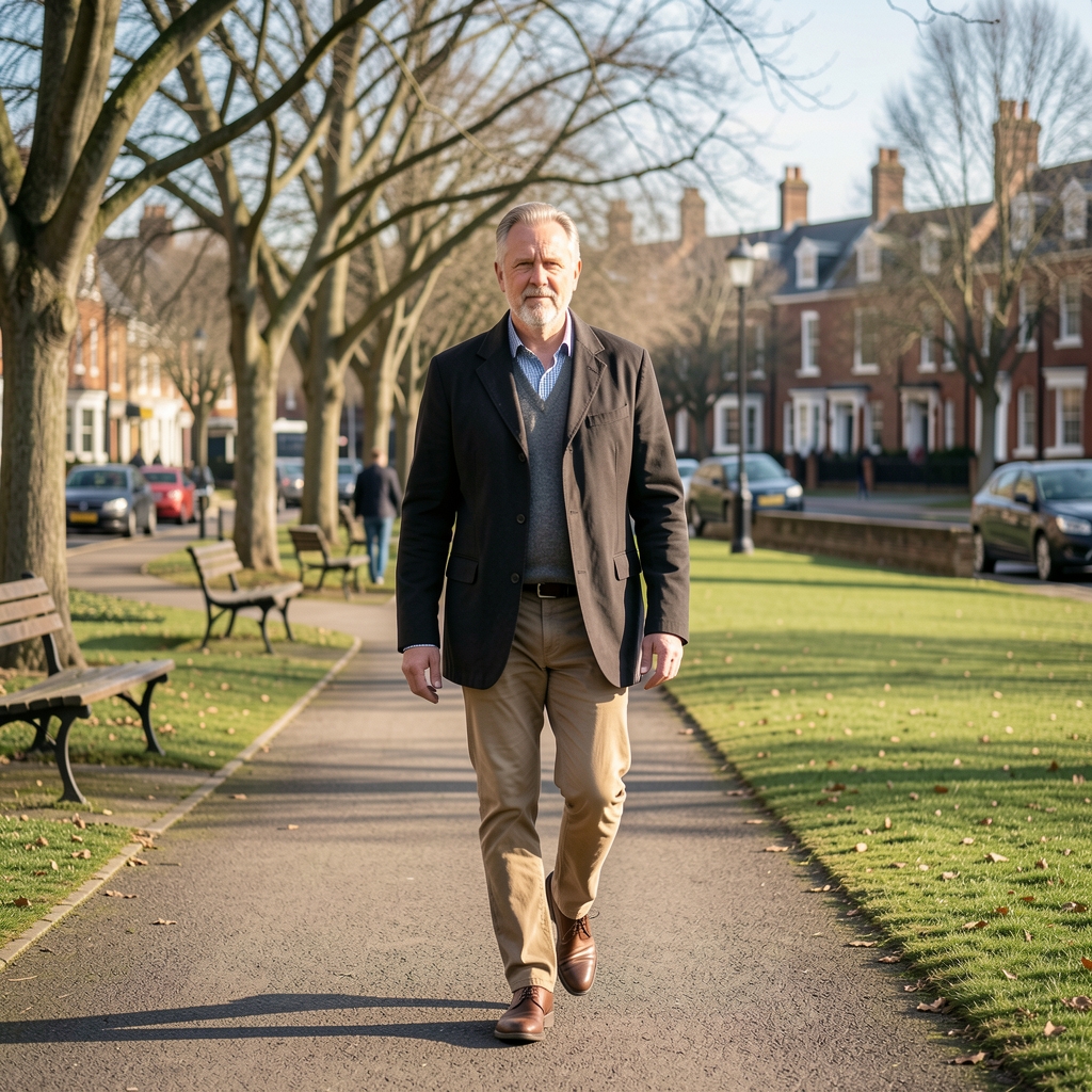 Middle-aged man walking through a Bristol park on a clear morning