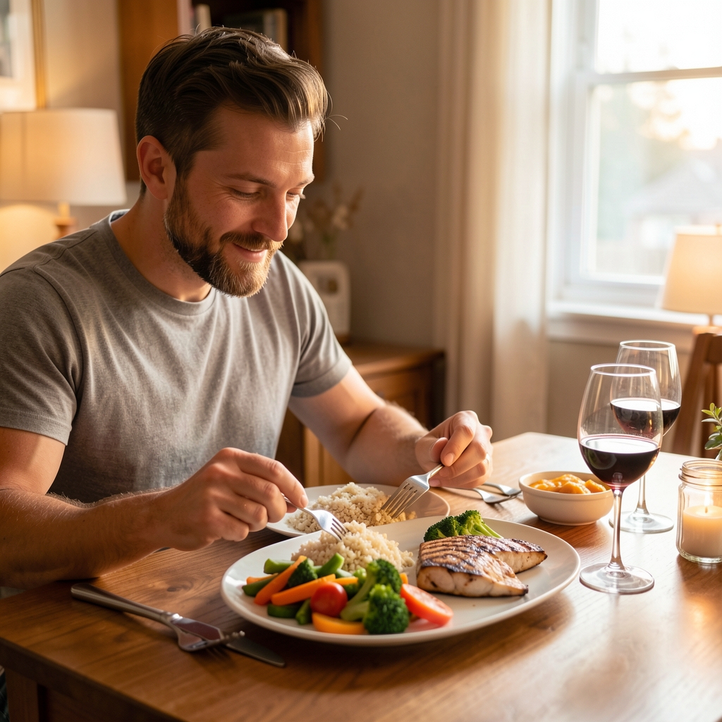 Man enjoying a balanced dinner of vegetables, grains and grilled fish at a warmly lit table