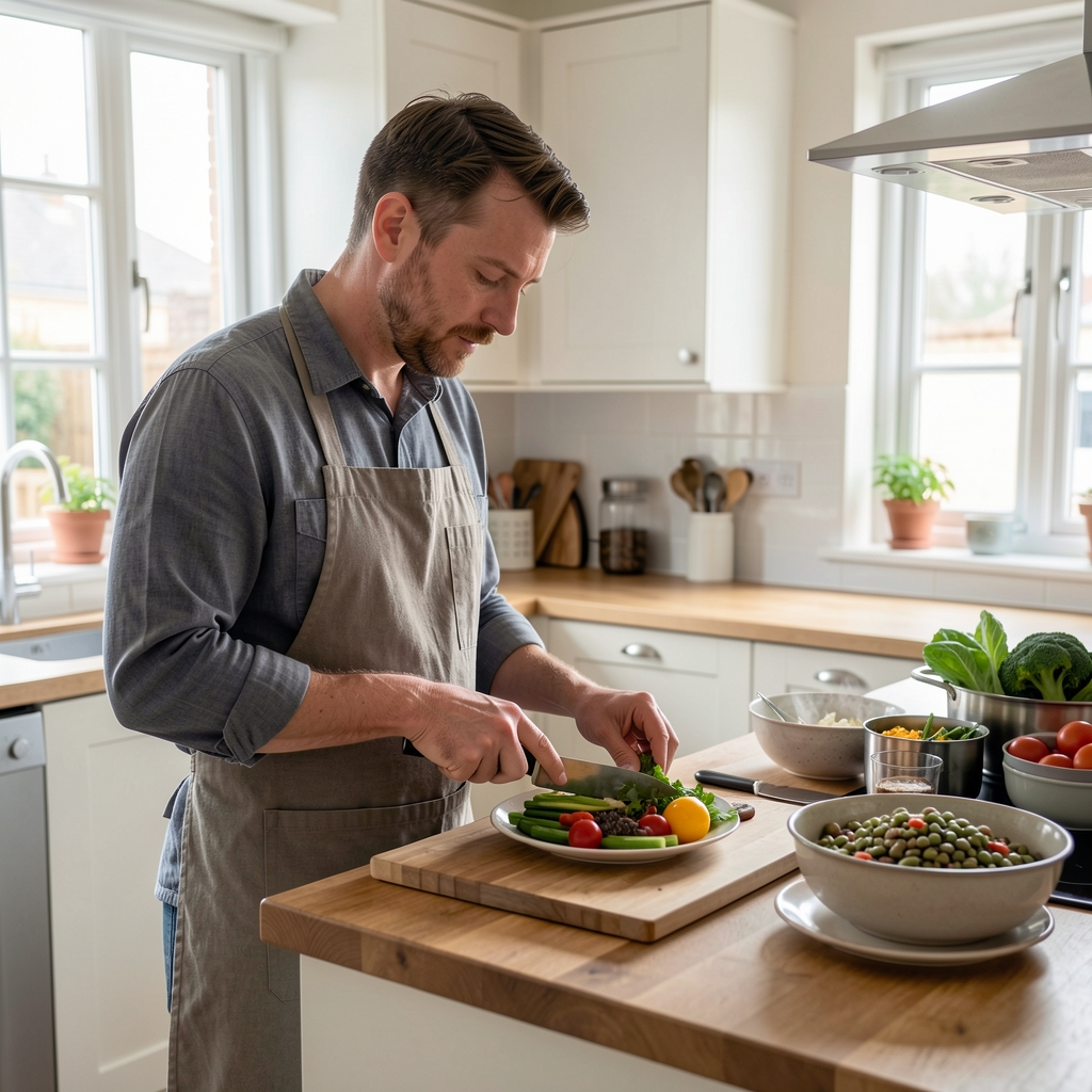 Man preparing a vegetable and bean lunch in a calm, modern UK kitchen