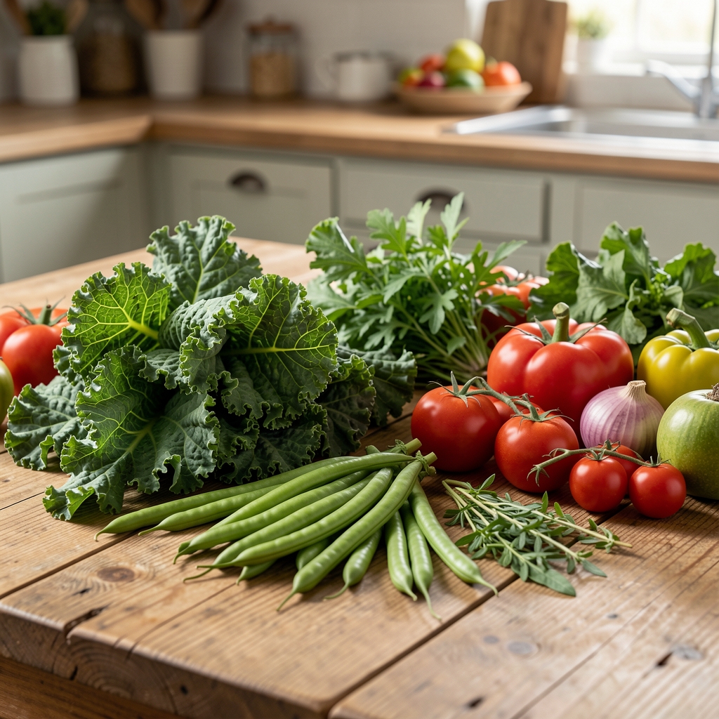 Fresh kale, beans, herbs and seasonal vegetables arranged on a wooden kitchen table
